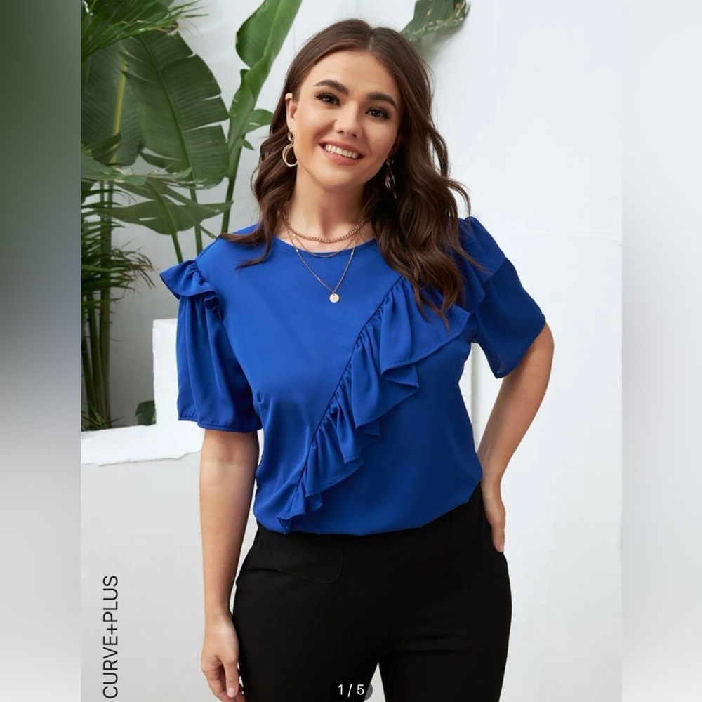 Plus Ruffle Trim Solid Blouse